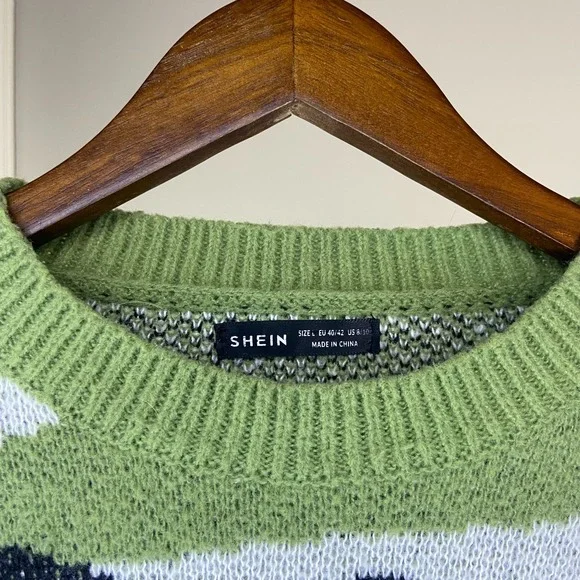 Shein Women's Abstract Graphic Print Sweater Sz L Military Green Casual Cute - Picture 3 of 7